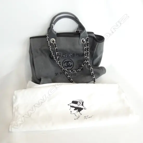 LARGE 'CHANEL' GREY CANVAS & BLACK BEADED BAG probably fake