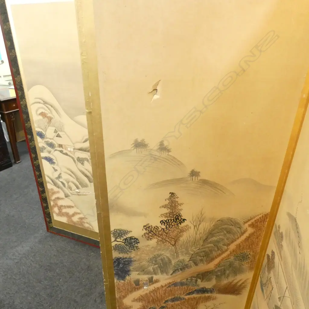 LG MEIJI PERIOD 6 PANEL JAPANESE SCREEN ON GOLD LEAF - VILLAGE SCENE - H. 1720MM Image 1++