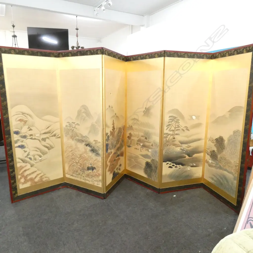 LG MEIJI PERIOD 6 PANEL JAPANESE SCREEN ON GOLD LEAF - VILLAGE SCENE - H. 1720MM Image 1++