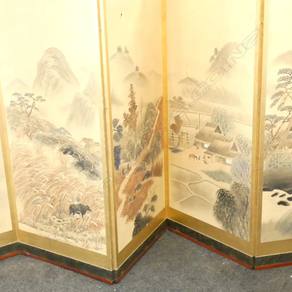 LG MEIJI PERIOD 6 PANEL JAPANESE SCREEN ON GOLD LEAF - VILLAGE SCENE - H. 1720MM Image 1++