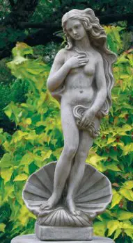 A classical garden statue of a naked maiden 'Shell Girl', finely cast concrete, she stands within a shell, her long hair providing some modesty. H.865mm. Image 1++