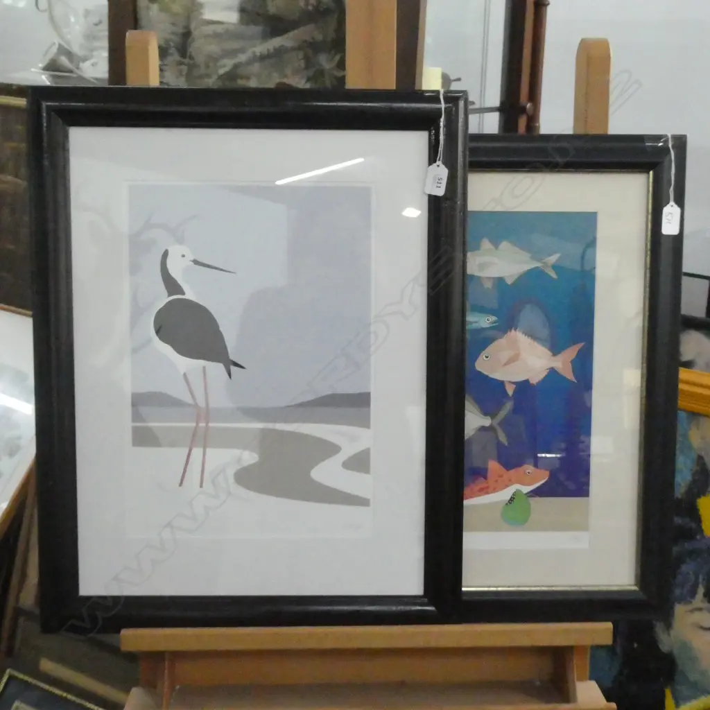 2 PRINTS BY CATHY HANSBY 'PIED STILT' 400 X 280MM + FISH SCHOOL Image 1++