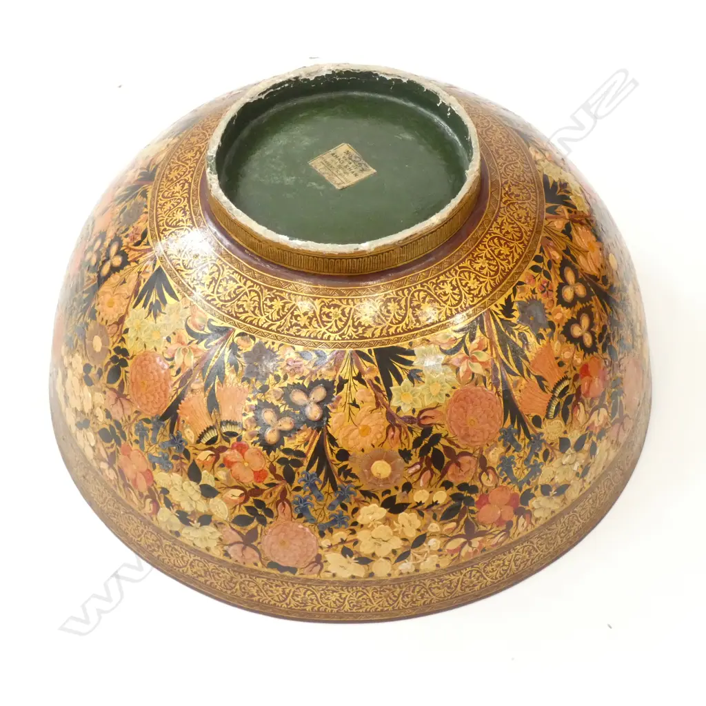 ANTIQUE PAPIER MACHE BOWL FROM KASHMIR  ORIGINAL LABEL TO BASE Image 1++