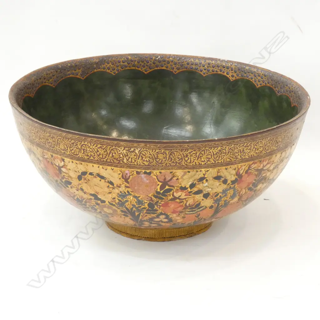 ANTIQUE PAPIER MACHE BOWL FROM KASHMIR  ORIGINAL LABEL TO BASE Image 1++