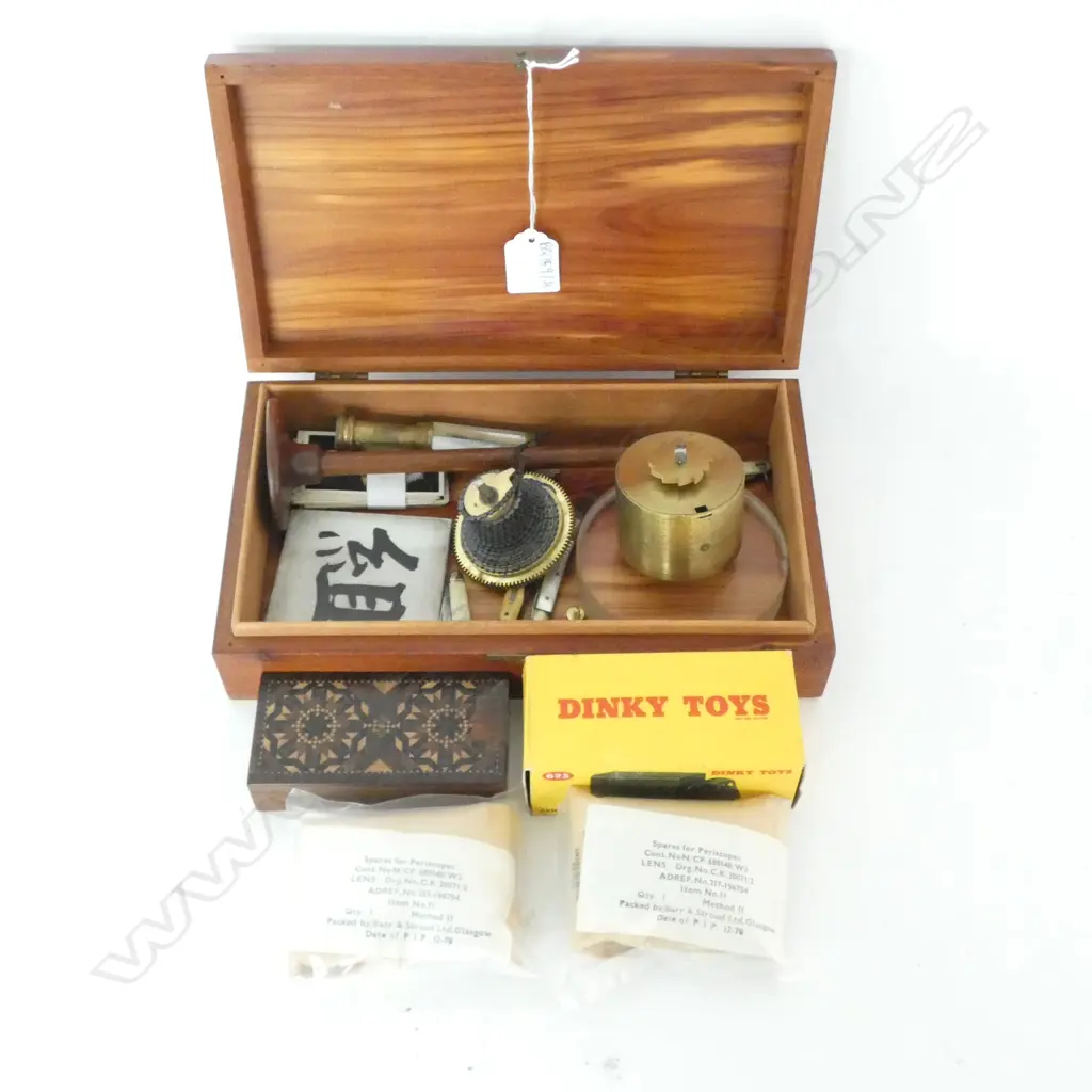 WOODEN BOX + MOP KNIVES, DINKY TOY, LENSES, INLAY BOX ETC Image 1++