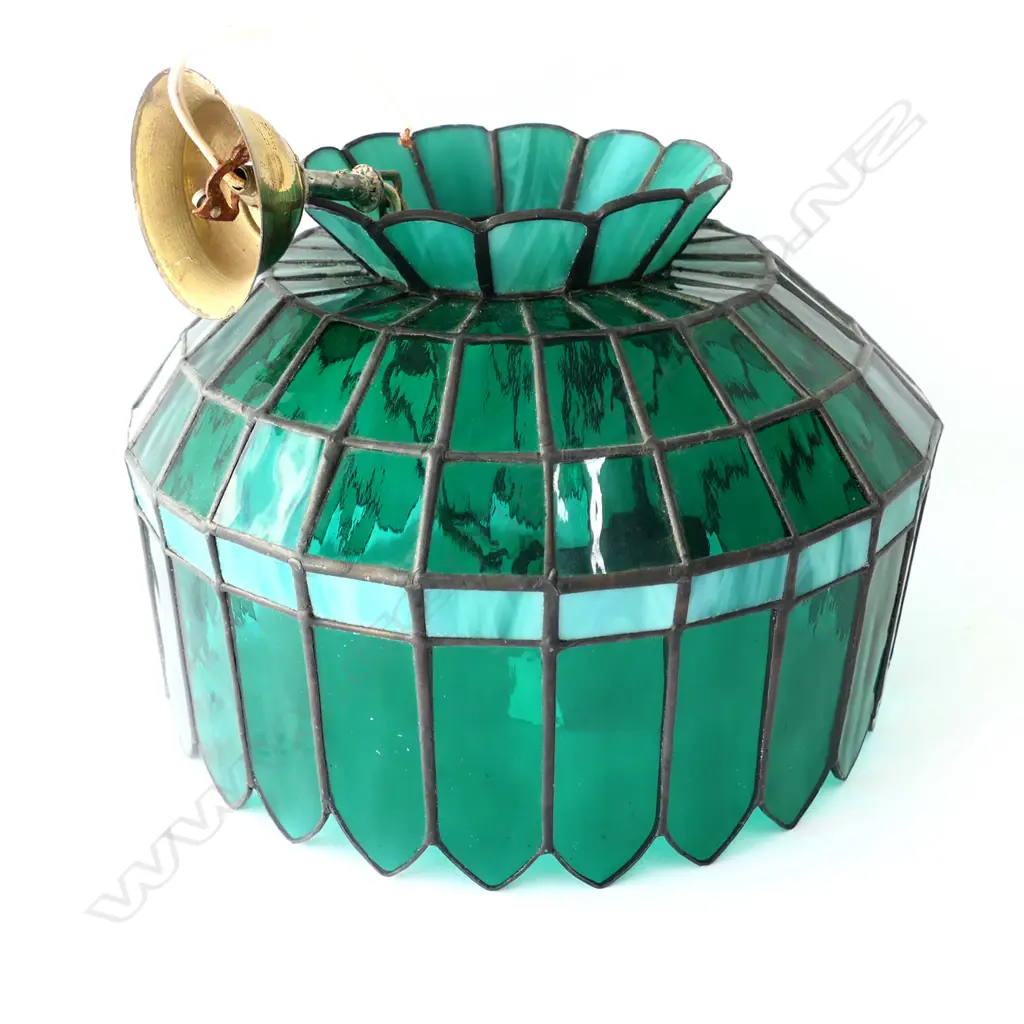 LG TIFFANY STYLE LEADLIGHT CEILING LIGHT - EMERALD GREEN & TURQUOISE. H. 240MM DIA. 290MM Image 1++