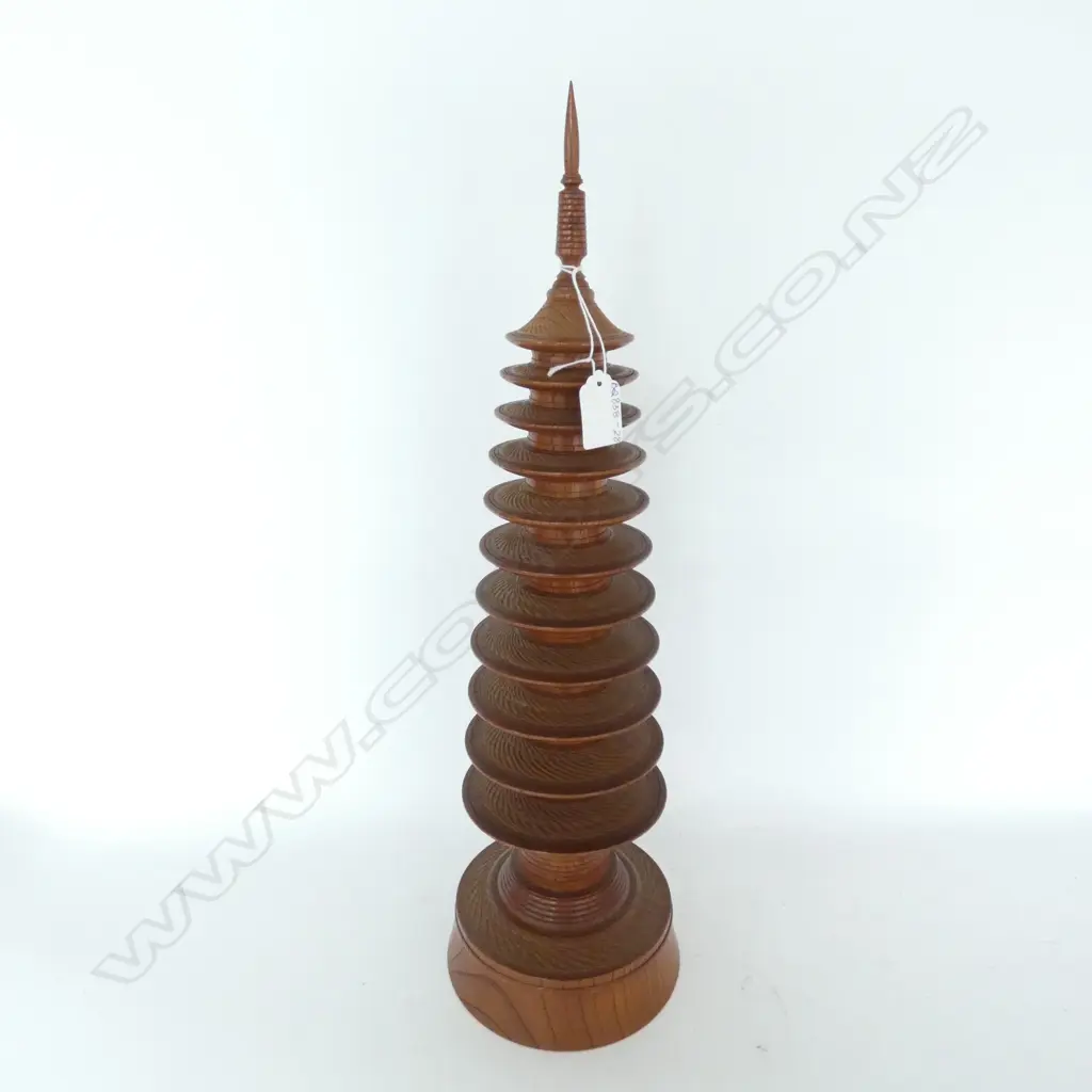MID CENTURY MULBERRY FINELY CARVED WOODEN PAGODA (SMALLER RINGS) H.530MM ROTATING)   Image 1++