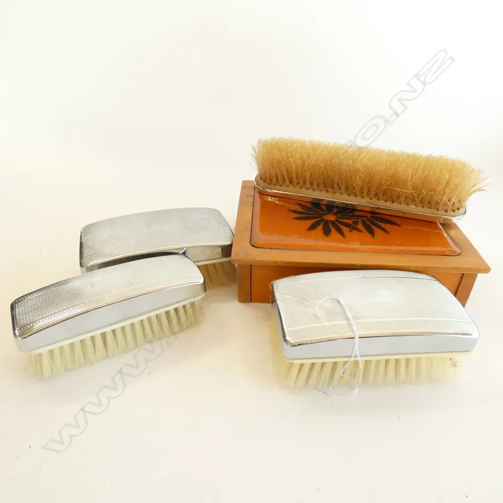 OLD WOODEN JEWELLERY BOX WITH ENAMEL LID & PANELS 165 X 130MM & 4 OLD CHROME TOPPED VANITY BRUSHES Image 1++