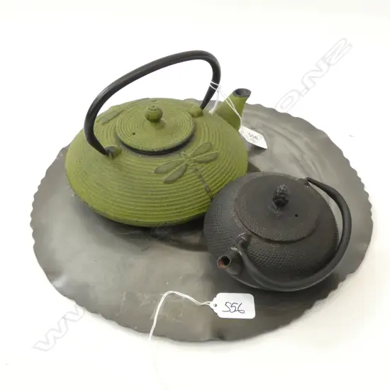 2 ORIENTAL TEA POTS + LARGE REPOUSSE PEWTER FISH PLATE 325MM DIA