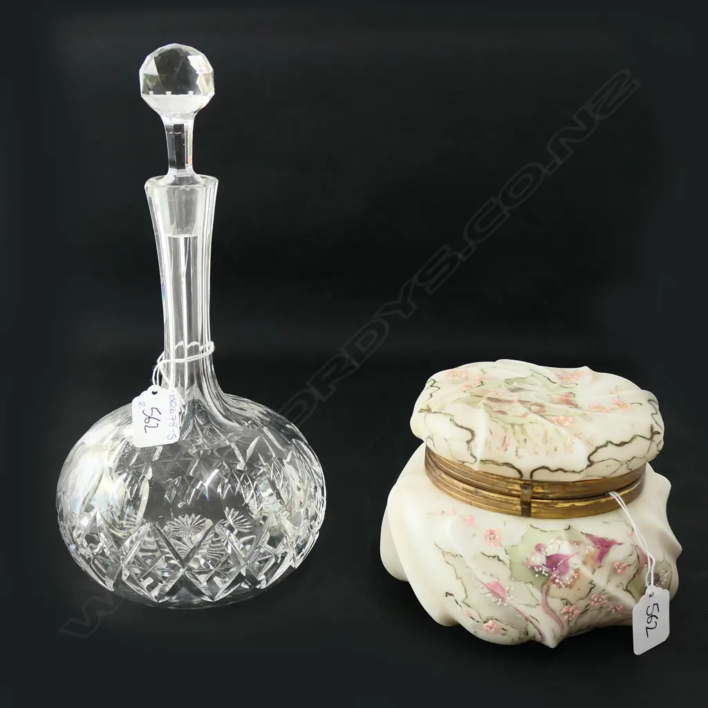 CUT GLASS DECANTER & STOPPER  & WHITE GLASS LIDDED JAR - SATIN LINED Image 1++