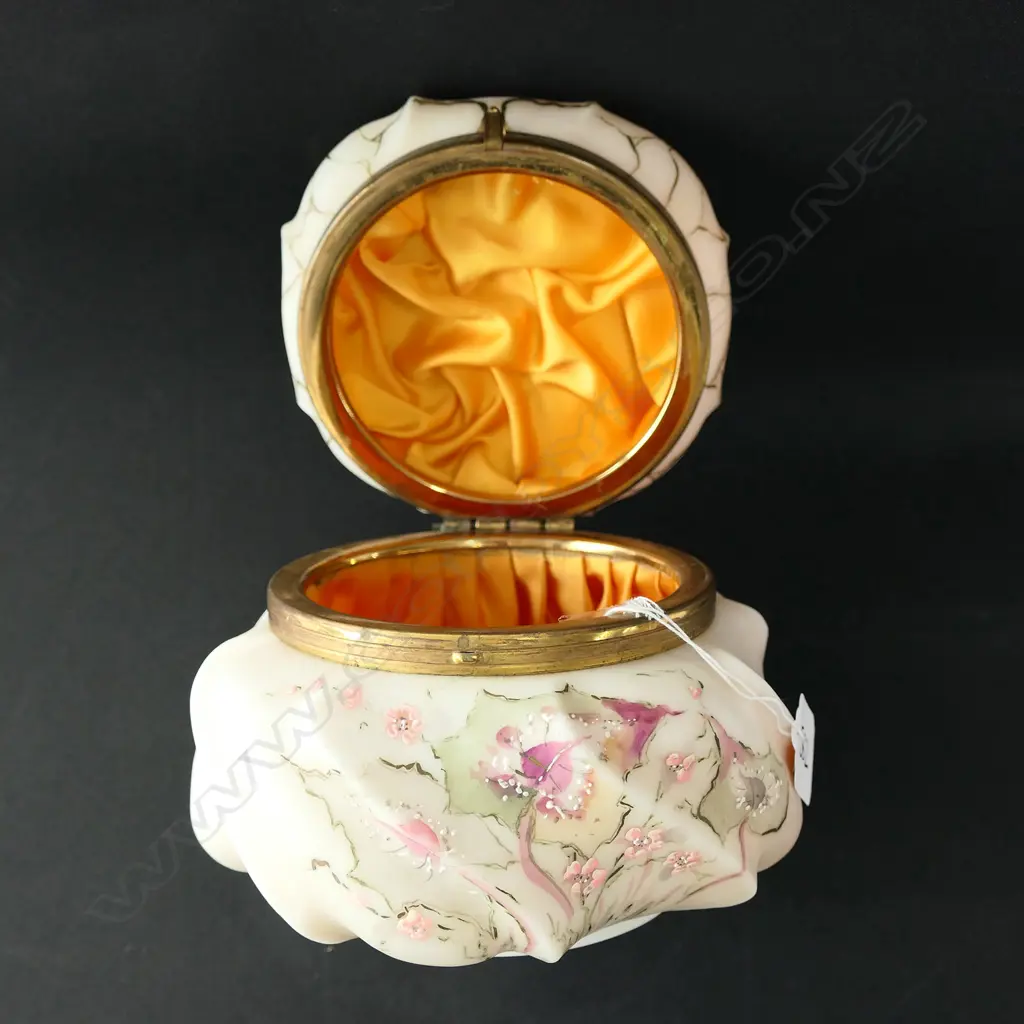 CUT GLASS DECANTER & STOPPER  & WHITE GLASS LIDDED JAR - SATIN LINED Image 1++