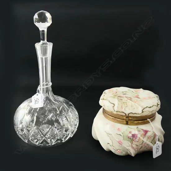 CUT GLASS DECANTER & STOPPER  & WHITE GLASS LIDDED JAR - SATIN LINED