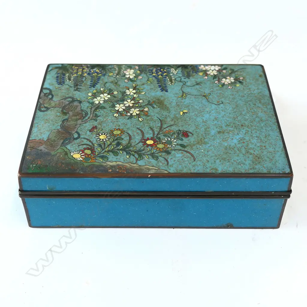 ENAMEL LIDDED BOX - LID DECORATED WITH TREES & FLOWERS  - 130 X 100 X 40MM  Image 1++