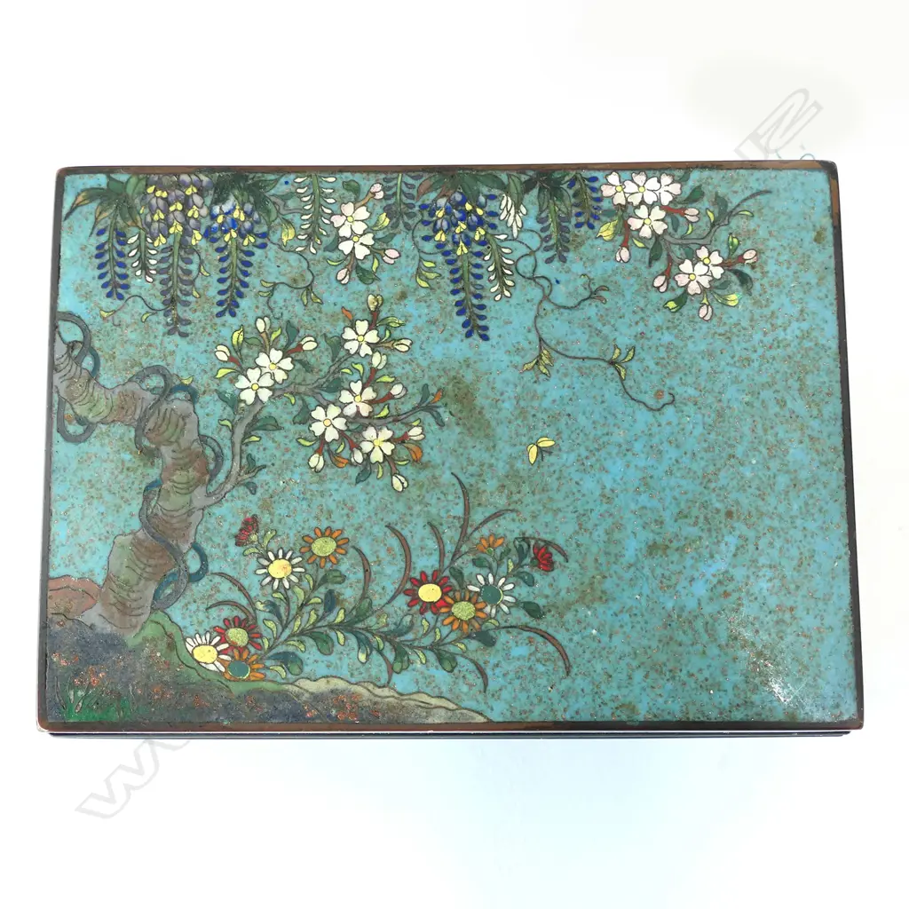 ENAMEL LIDDED BOX - LID DECORATED WITH TREES & FLOWERS  - 130 X 100 X 40MM  Image 1++
