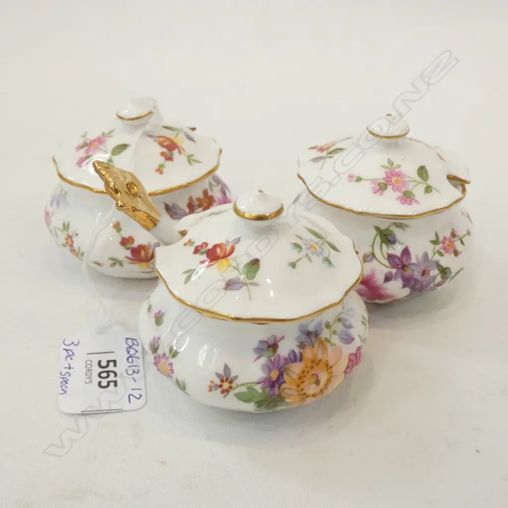 ROYAL CROWN DERBY - DERBY POSIES - 3PC LIDDED CONDIMENT SET - 1 WITH SPOON Image 1++