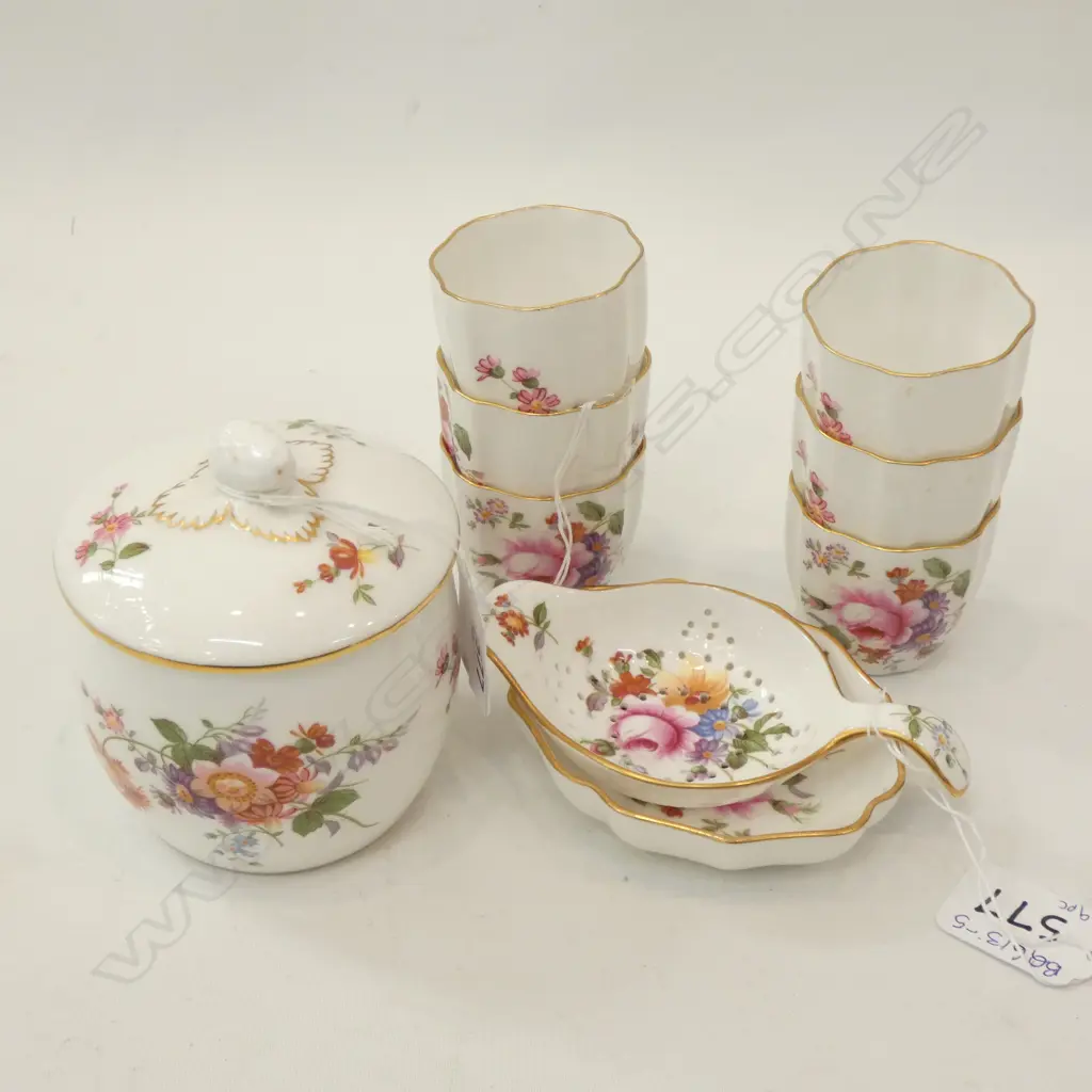 ROYAL CROWN DERBY - DERBY POSIES 6 EGG CUPS, TEA STRAINER & DISH, LIDDED JAM JAR. Image 1++