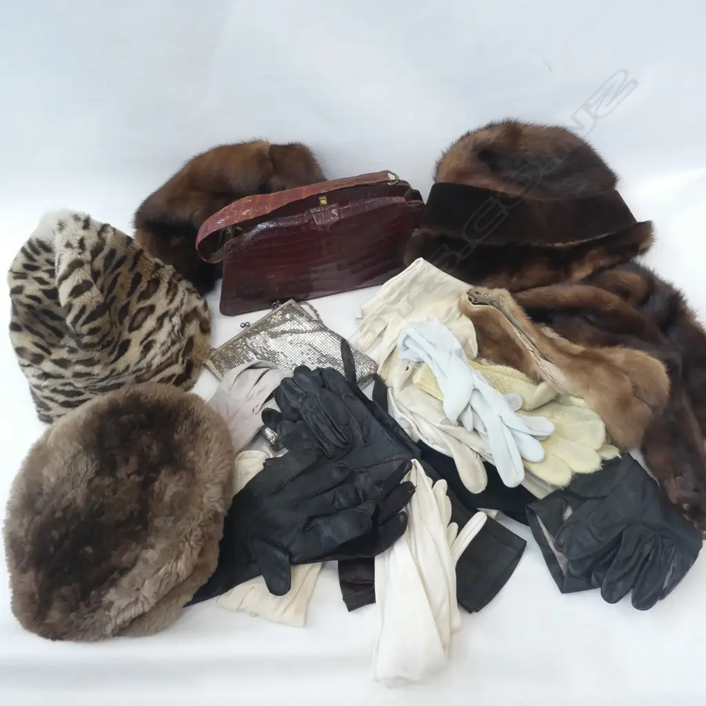 BOX LOT FUR HATS, COLLARS, LEATHER GLOVES, CROCODILE & OROTON HANDBAGS Image 1++