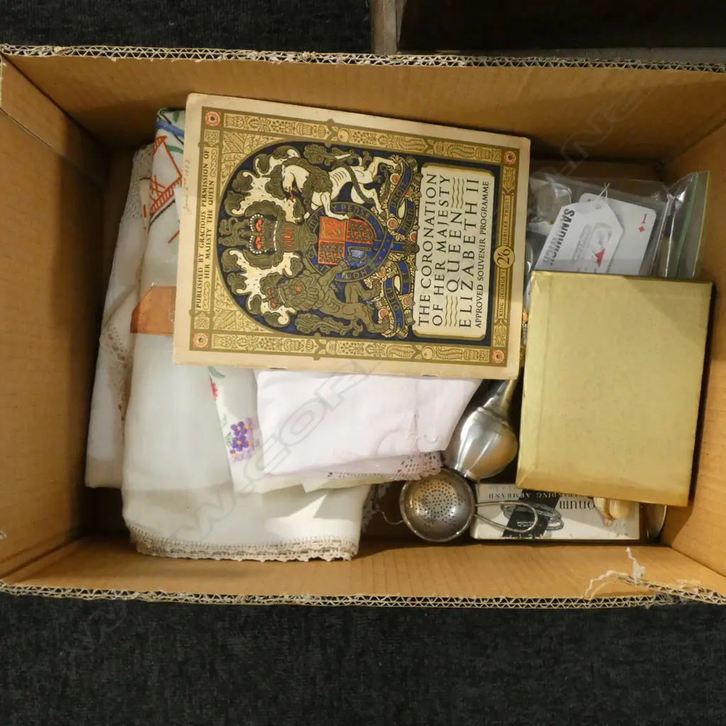 BOX LOT OLD LINEN & COLLECTABLES INCL. ROYAL CORONATION TICKETS  Image 1++