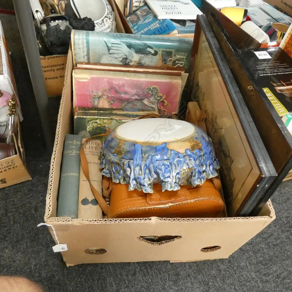 BOX LOT ANTIQUE BOOKS, ART, BINOCULARS, BOWL Image 1++