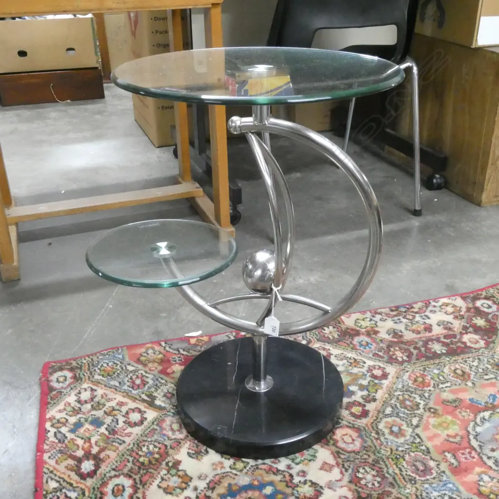 ART DECO STYLE GLASS & CHROME TABLE WITH ALABASTER BASE H585MM Image 1++