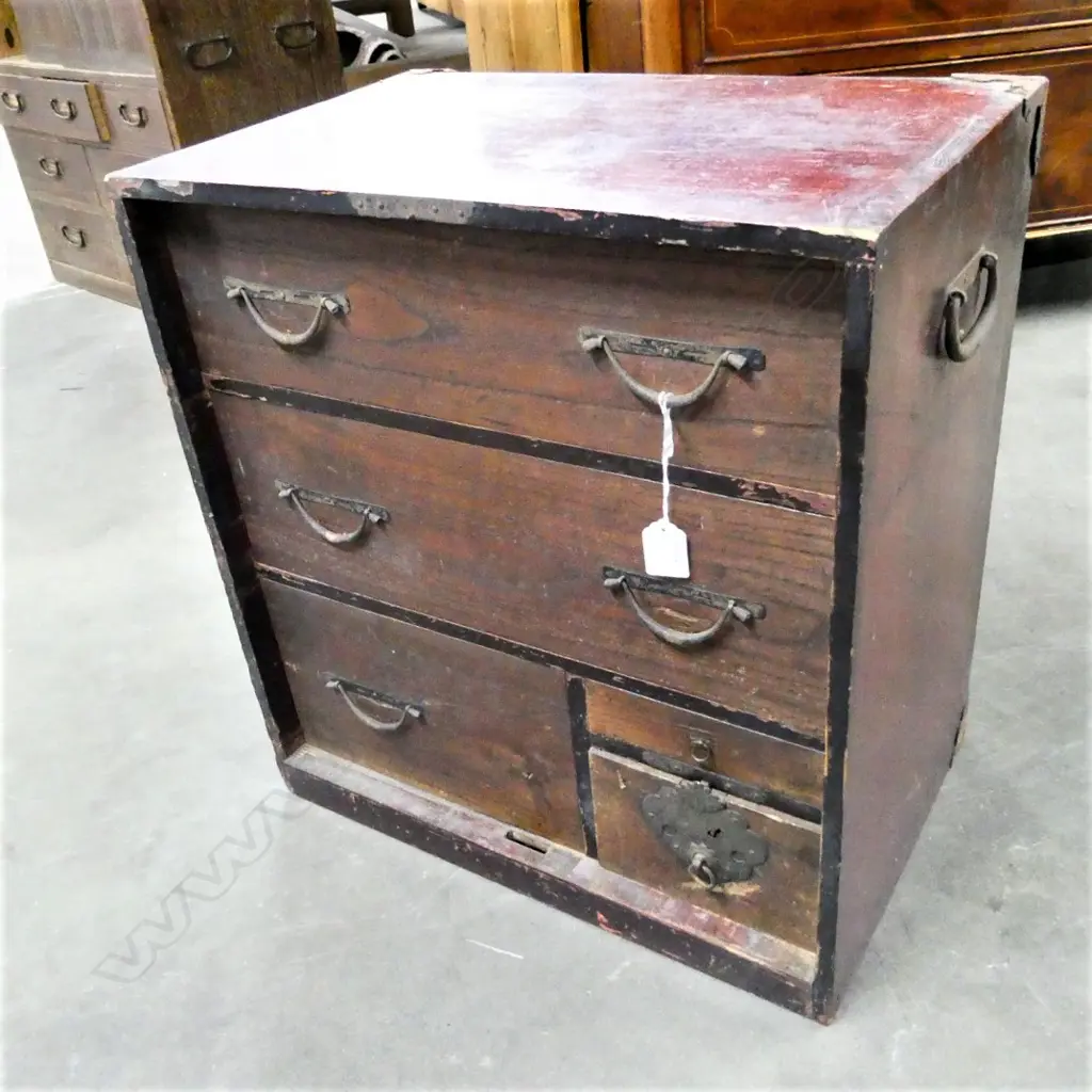 19thC JAPANESE SMALL TANSU 5 DRAWER CHEST Image 1++