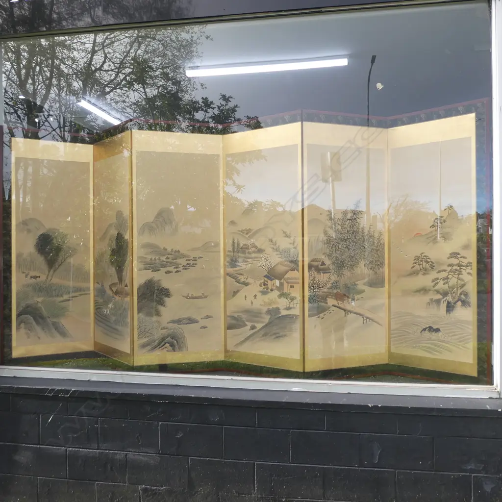 LG MEIJI PERIOD 6 PANEL JAPANESE SCREEN ON GOLD LEAF - VILLAGE SCENE  - H. 1720MM Image 1++