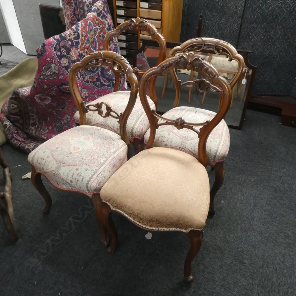 SET 4 VICTORIAN WALNUT BALLOON BACK CHAIRS 2 + 2 Image 1++