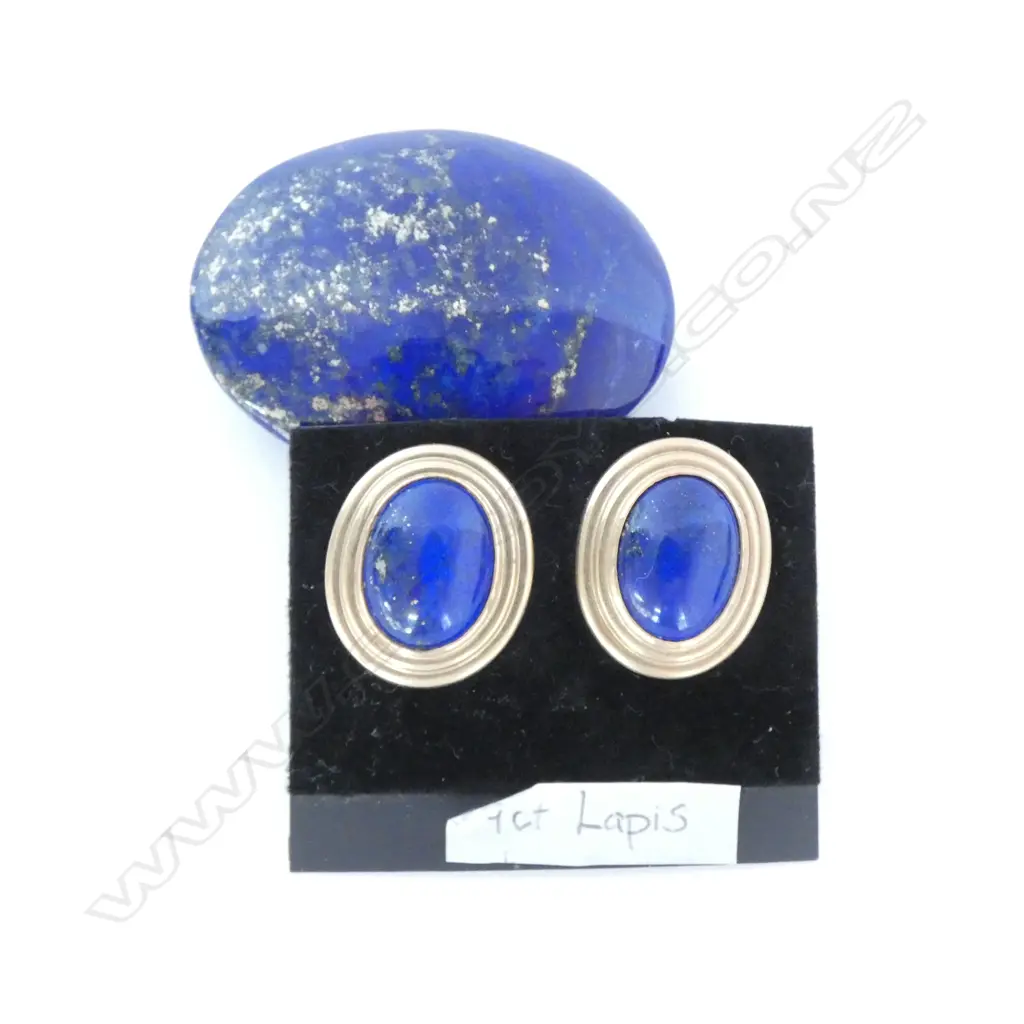 PR 9CT GOLD & LAPIS EARRINGS + STONE Image 1++