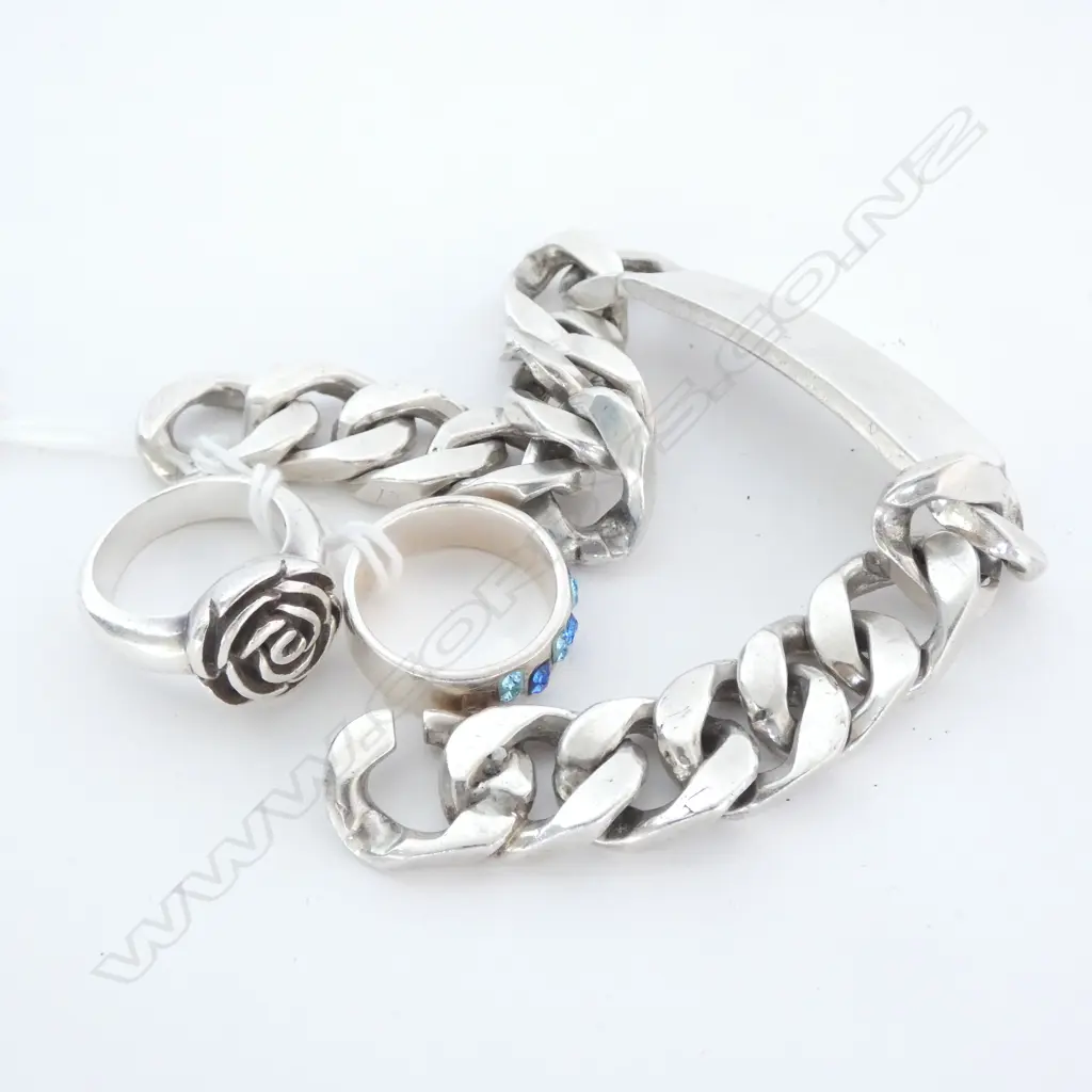 925 SILVER BRACELET + 2 RINGS 96 GRAMS Image 1++