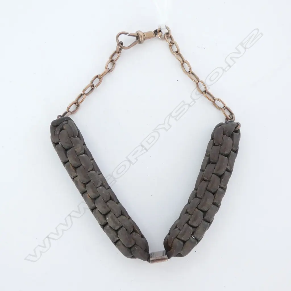 c1900 9CT ROSE GOLD & PLAITED LEATHER FOB BRACELET. Image 1++