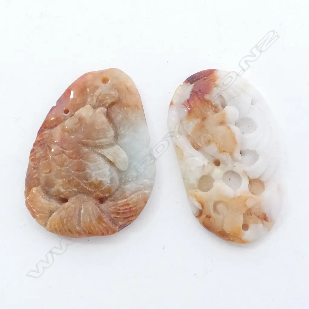 2 ORIENTAL JADEITE CARVED PENDANTS WHITE & TAN Image 1++