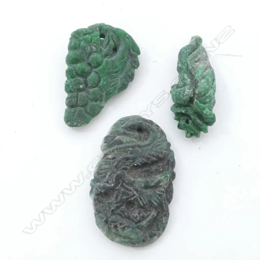 3 ORIENTAL GREEN JADEITE CARVED PENDANTS Image 1++