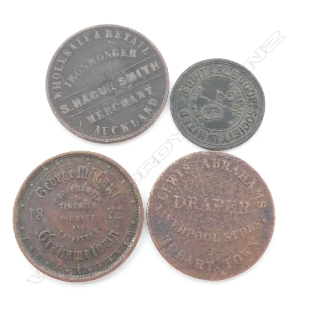 NZ AND AUST. TRADESMAN TOKENS, MID 1800'S, (4 ITEMS) Image 1++