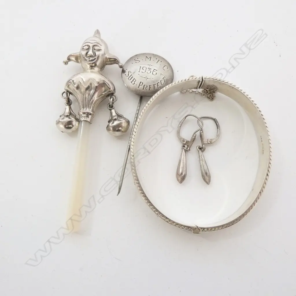 4 PCES STG SILVER, BANGLE, BABYS TEETHER, PIN, PR EARRINGS  Image 1++