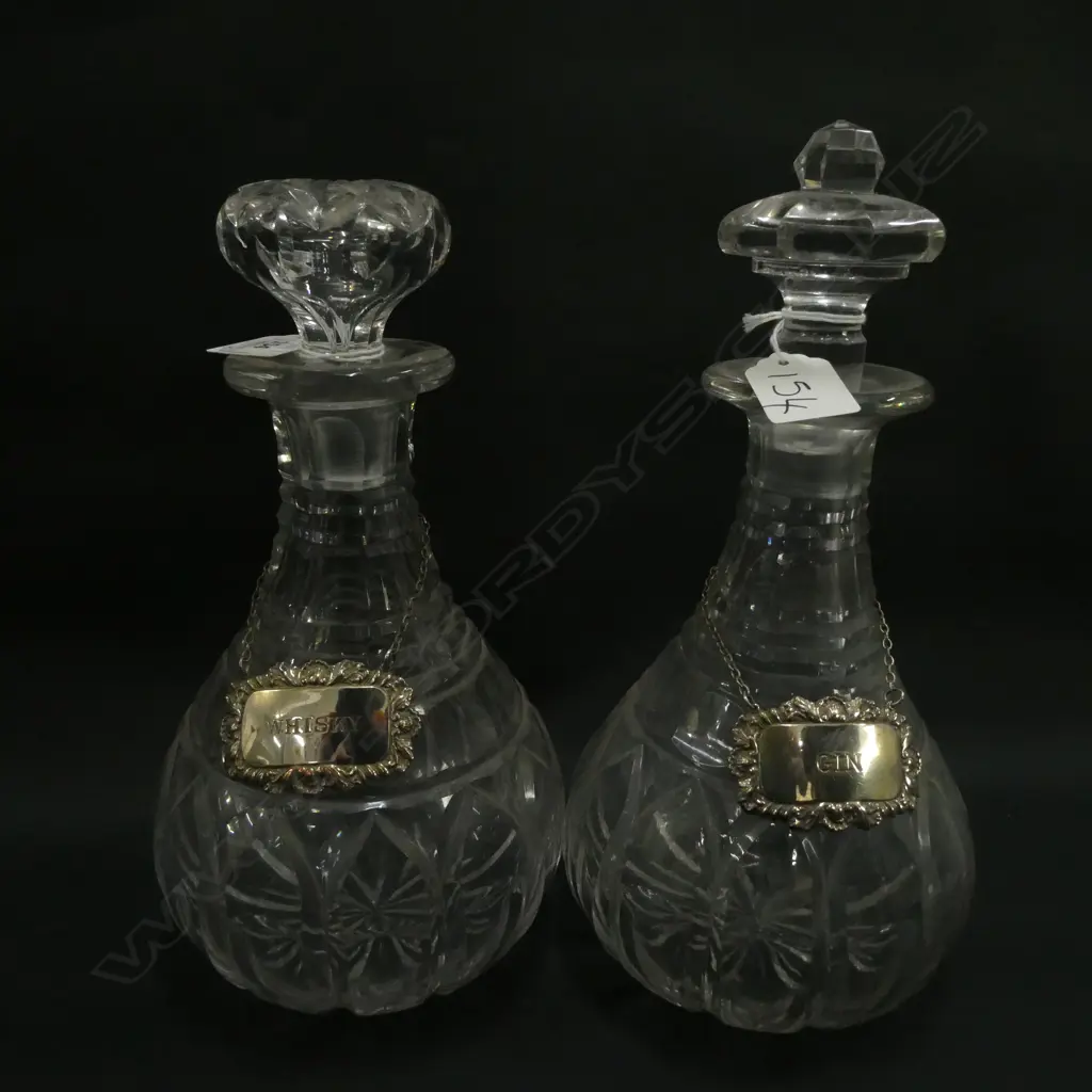 2 DECANTERS WITH 'WHISKY' & 'GIN' TAGS H. 280MM Image 1++