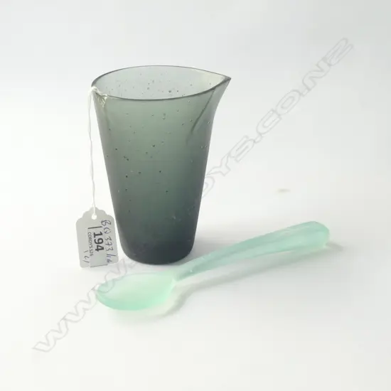HOANNA STACHL CAST GLASS LIPPED BEAKER + SPOON ETCHED MARK TO BASE H.S 99 L 700 MM