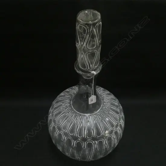 LARGE DECORATIVE GLASS BOTTLE WITH STOPPER. H. 580MM