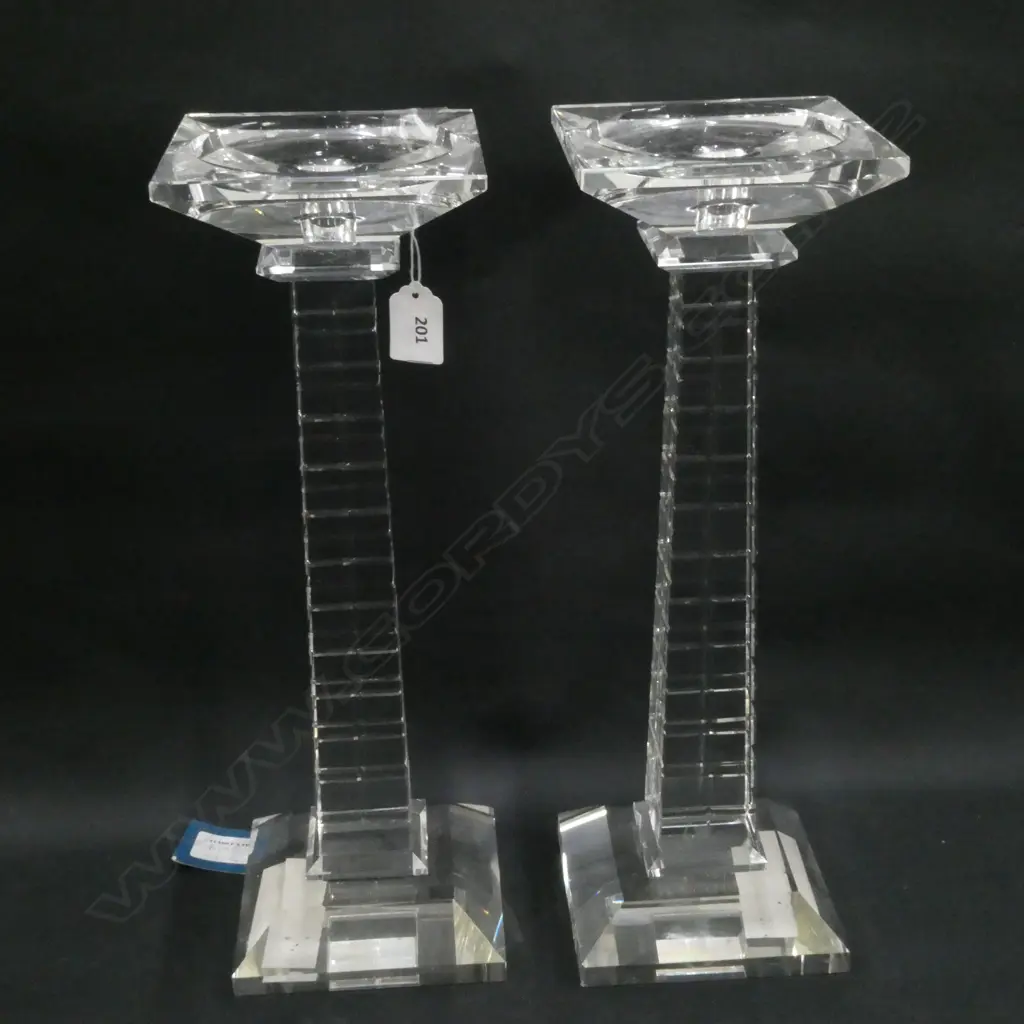 PR TALL CUT CRYSTAL CANDLE HOLDERS - SMALL CHIP TO BASE ON ONE. H. 335MM Image 1++