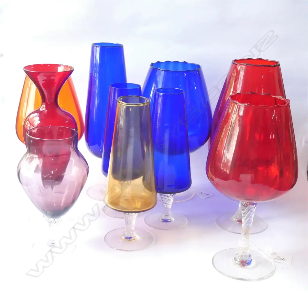 10 LG COLOURED STEMMED GLASS GOBLETS / VASES. CLEAR GLASS STEMS. 4 BLUE / 3 RED / 1 ORANGE / AUBERGINE / AMBER Image 1++