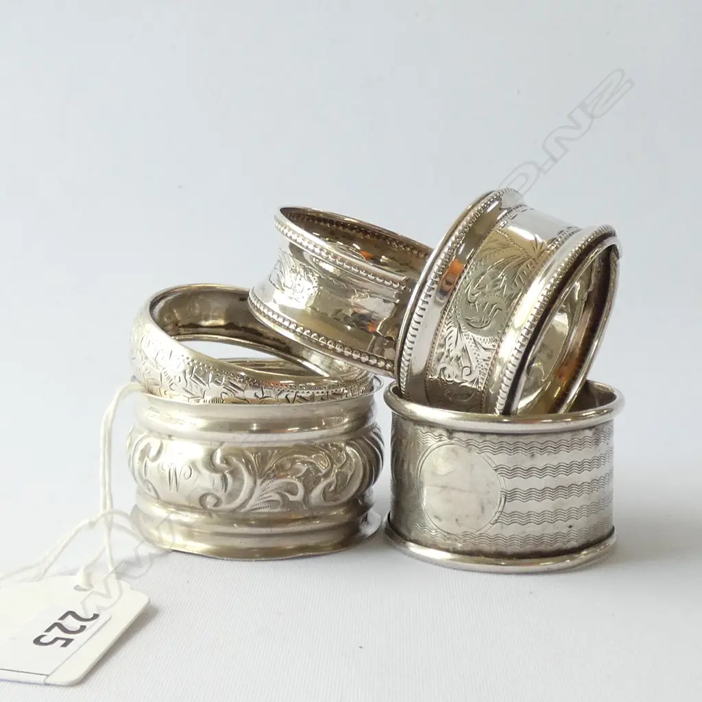 5 STG SILVER NAPKIN RINGS 1902 ETC Image 1++