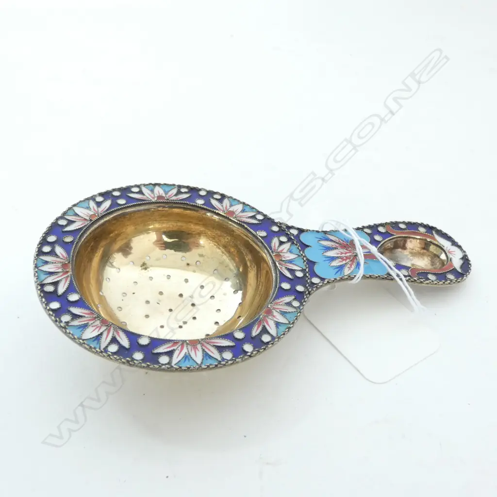 RUSSIAN GILDED & ENAMELLED SILVER TEA STRAINER Image 1++