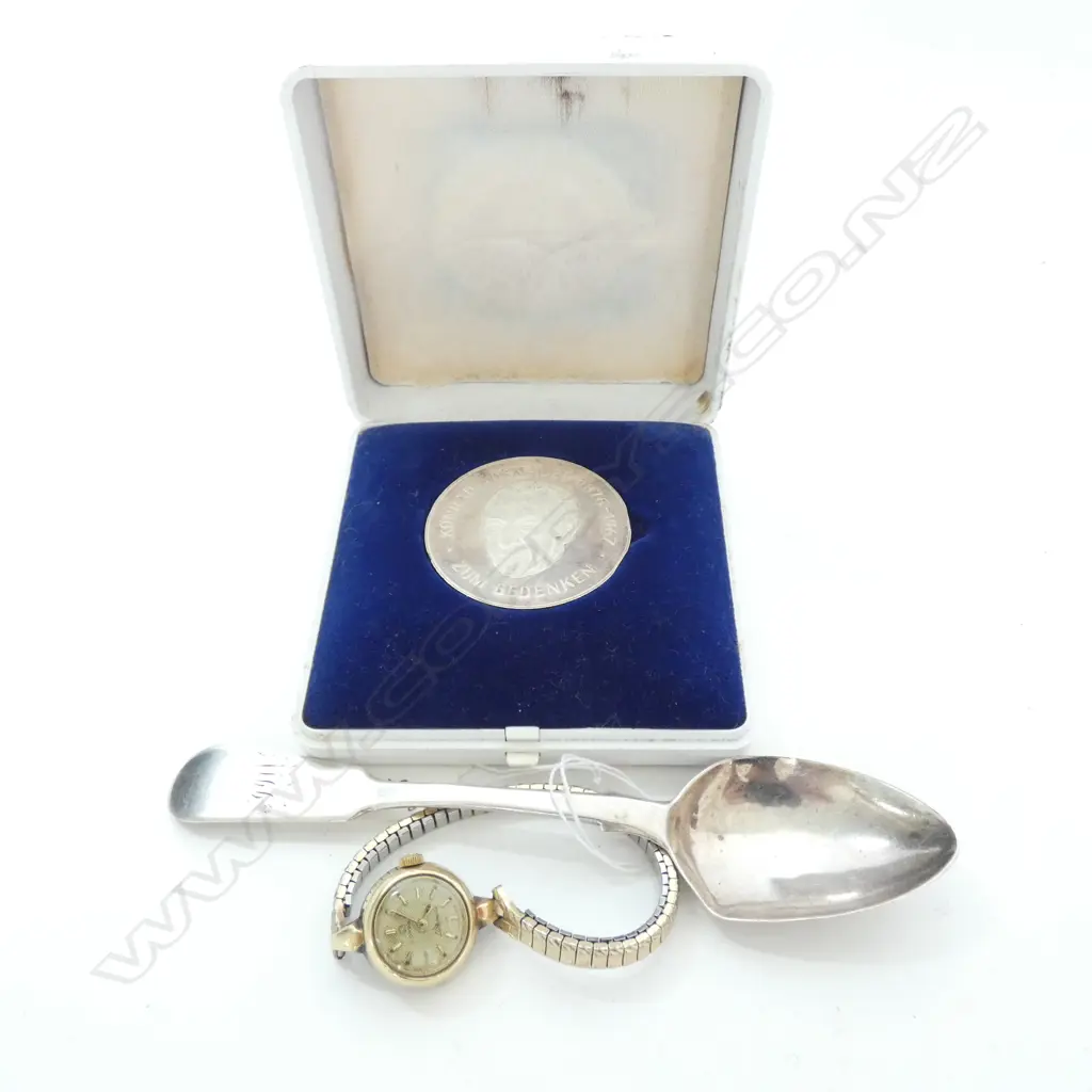 SILVER COIN + OMEGA LADIES WATCH + VICT SILVER TEASPOON Image 1++