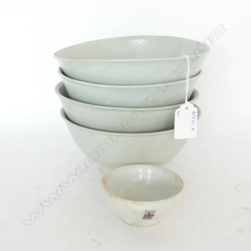 4 TEK SING SALVAGE CHINESE PORCELAIN BOWLS & SMALL SAUCE DISH,  PALE CELADON GLAZE Image 1++