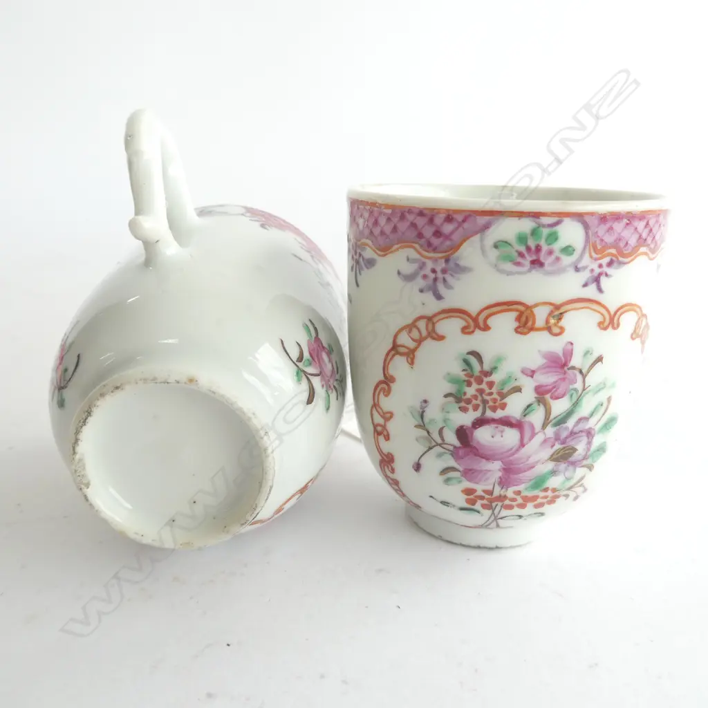 2 CHINESE EXPORTWARE PORCELAIN COFFEE CUPS DECORATED IN FAMILLE ROSE ENAMELS, c.1780 Image 1++