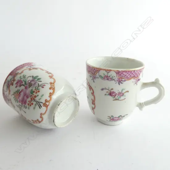 2 CHINESE EXPORTWARE PORCELAIN COFFEE CUPS DECORATED IN FAMILLE ROSE ENAMELS, c.1780