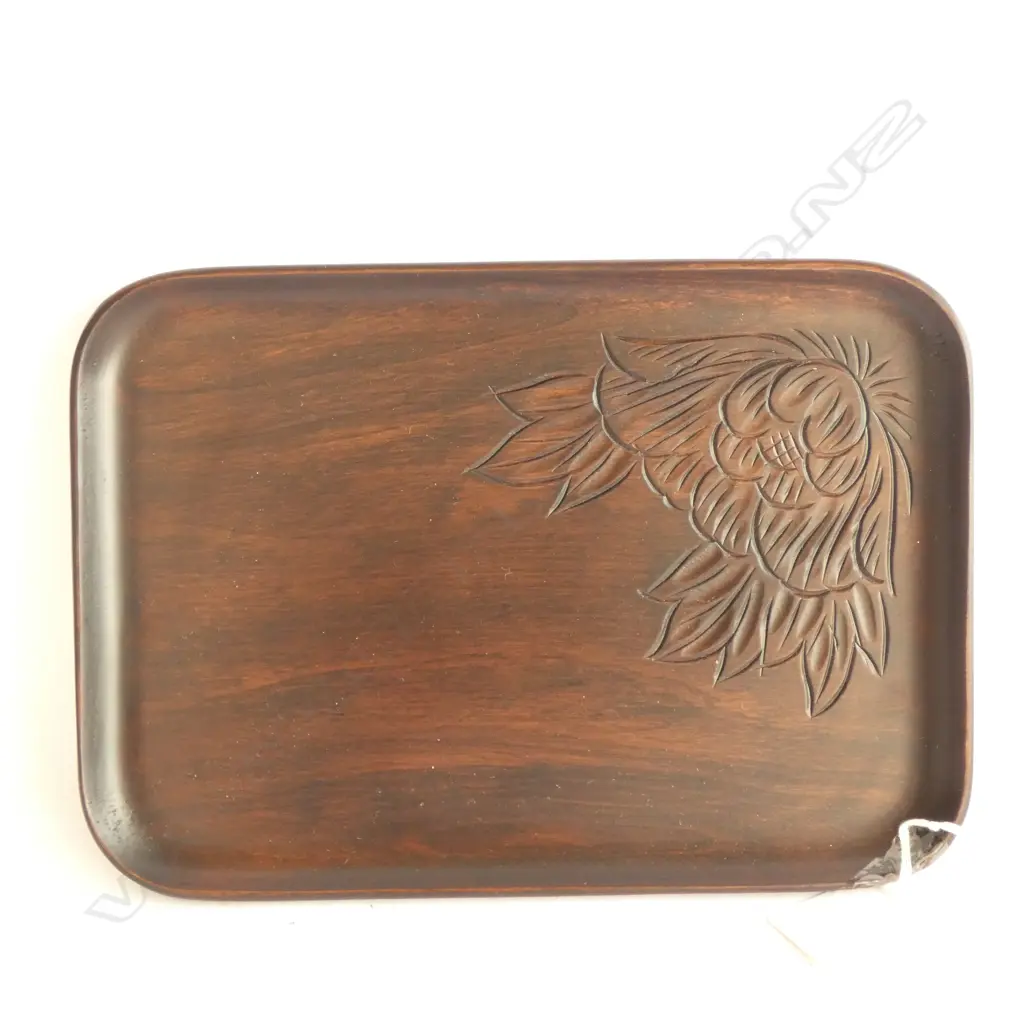JAPANESE OBLONG WOODEN TRAY WITH CARVED FLORAL DESIGN  - 210 X 140MM Image 1++