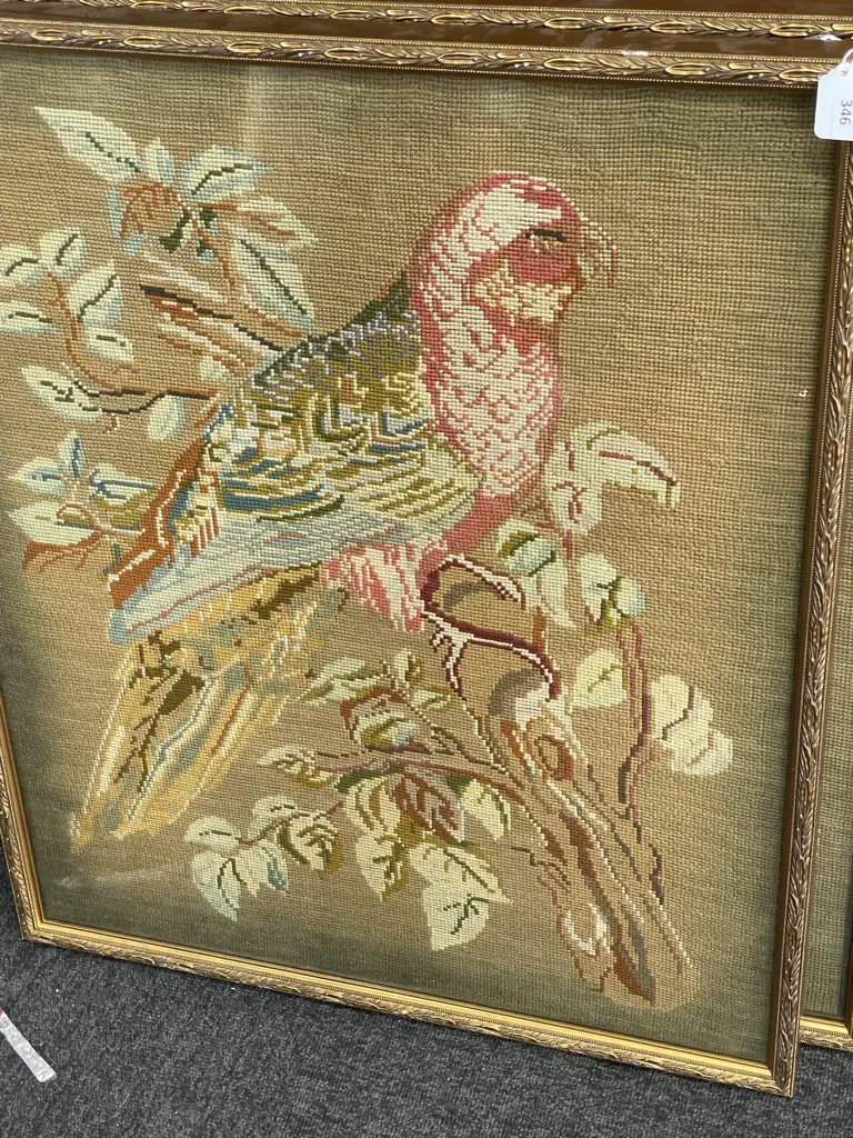 PR GILT FRAMED PARROT & BIRD TAPESTRIES 720 X 600MM (INCL FRAME)  Image 1++