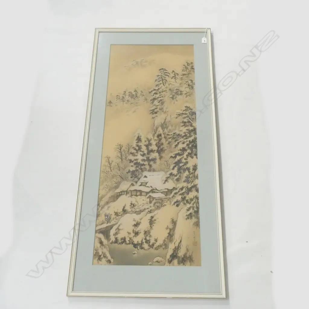 FRAMED ORIENTAL MOUNTAIN SCENE ON FABRIC 1080 X 415MM Image 1++