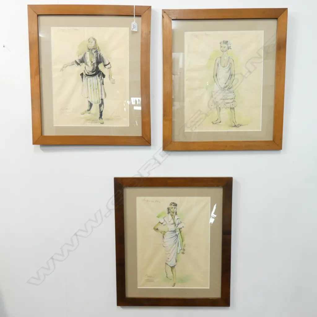 3 FRAMED WATERCOLOUR & PENCIL COSTUME DESIGNS FOR 'PORGY & BESS' by DAVID BETHEL M.B.E.  Image 1++