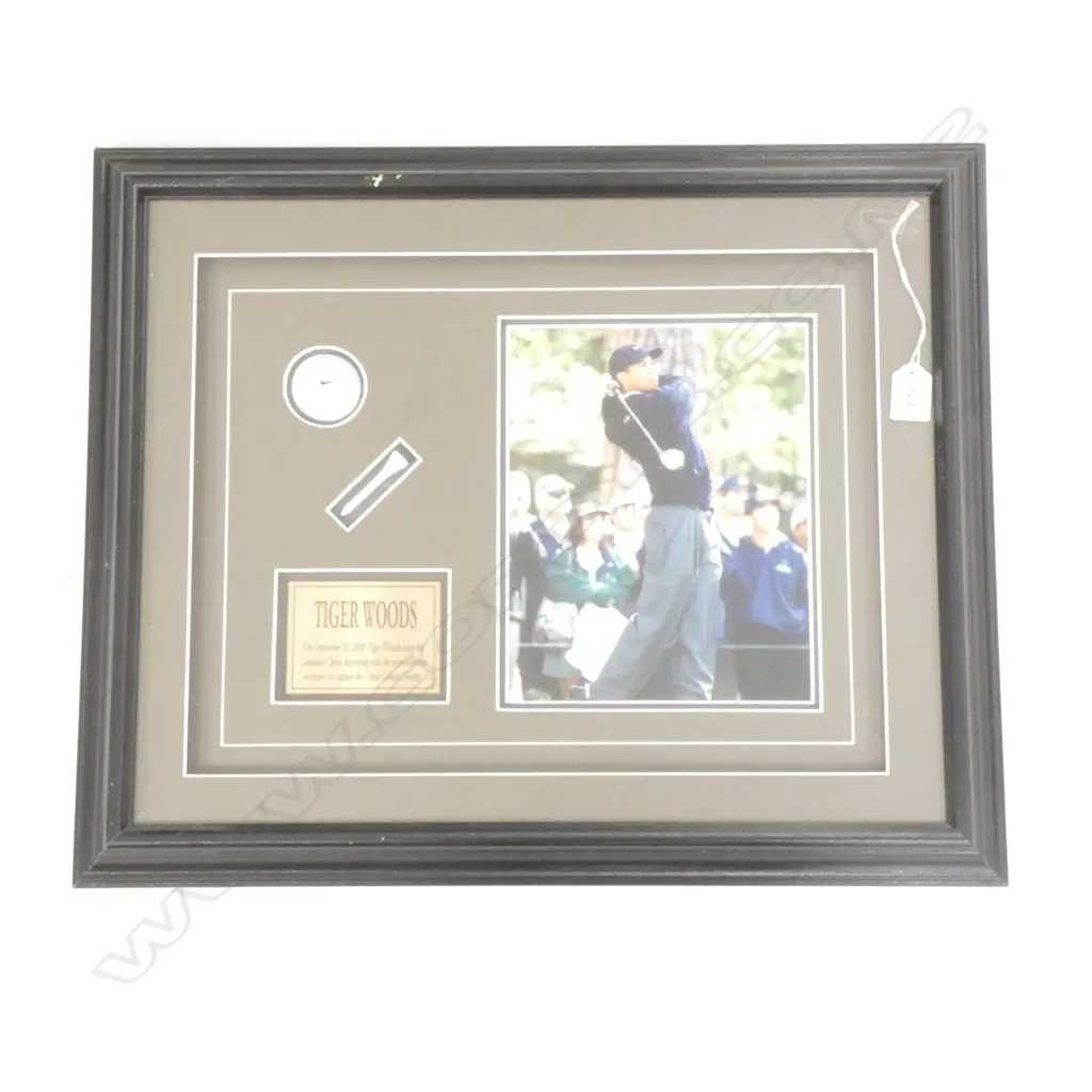 FRAMED TIGER WOODS PHOTO WITH CANADIAN OPEN WIN REF. PLAQUE GOLF BALL AND TEE H.480mm X 580mm Image 1++